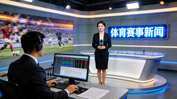 体育资讯演播室内赛事新闻编辑与播报场景